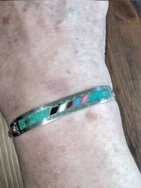 Vintage Mexico Native American Sterling Silver Turquoise Inlay Bracelet